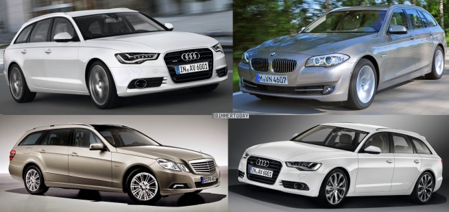 Bildvergleich-Audi-A6-Avant-BMW-5er-Touring-Mercedes-E-Klasse-T-Modell-Front-schraeg